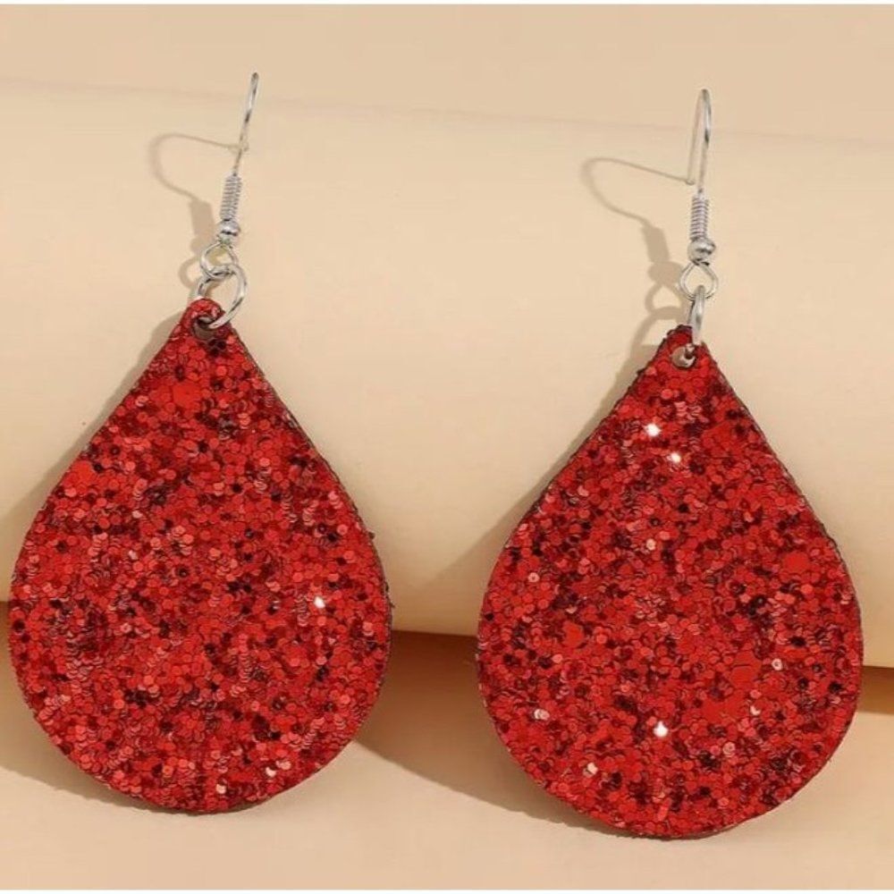 Red‎ Sequin Tear Drop Earrings New
